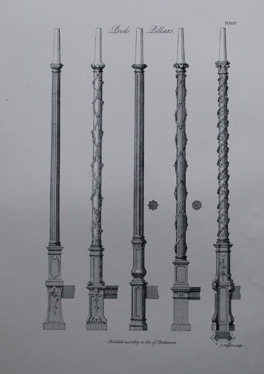 Thomas Chippendale - Original engraving of Bed Pillars 1762: This copperplate engraving is from the third edition of The Gentleman and Cabinet-Maker's Director: being a large collection of the most elegant and useful designs of household furniture, in the most