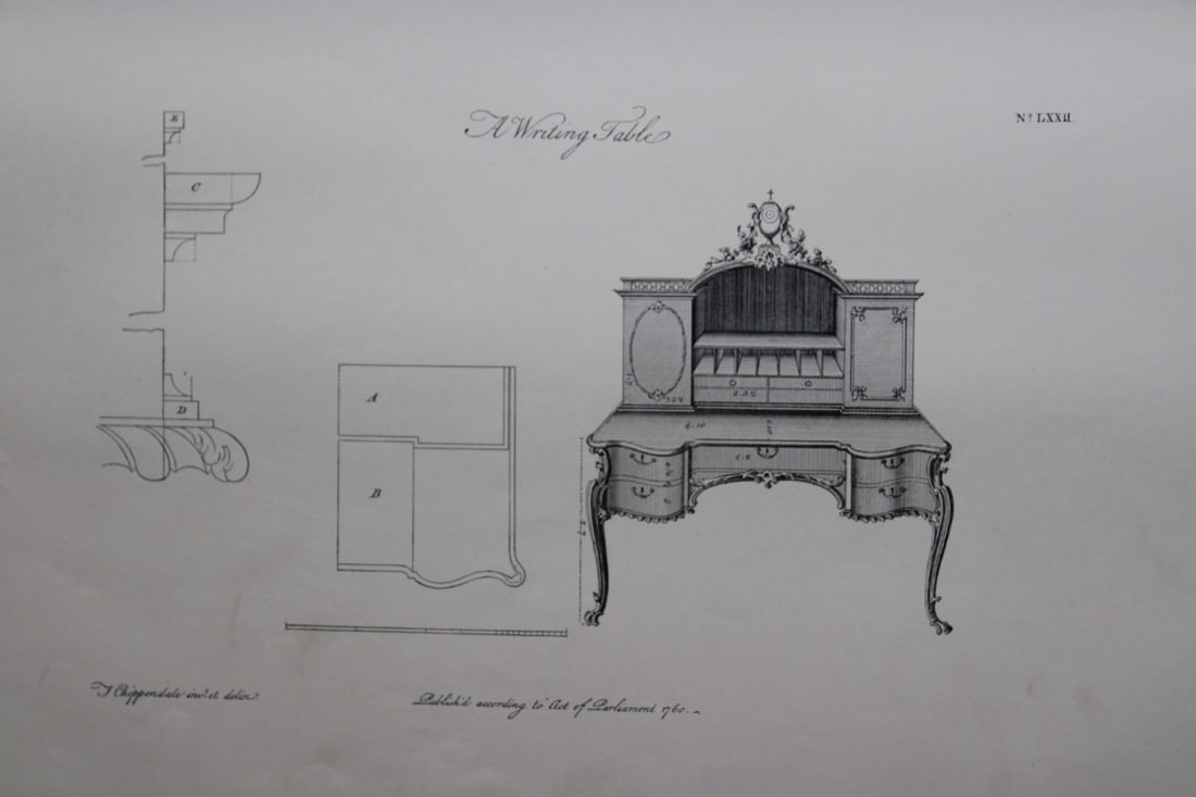 Thomas Chippendale - Original engraving of a Writing Table 1762: This copperplate engraving is from the third edition of The Gentleman and Cabinet-Maker's Director: being a large collection of the most elegant and useful designs of household furniture, in the most