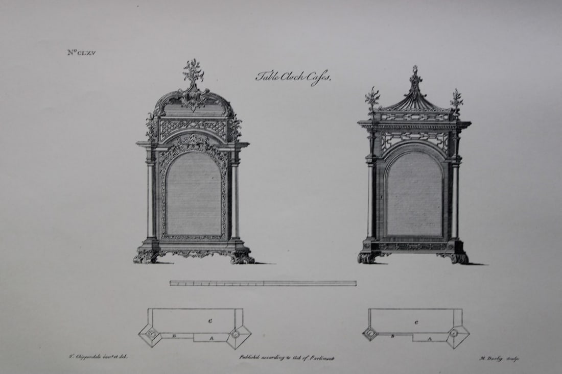 Thomas Chippendale - Original engraving of Table Clock Cases 1762: This copperplate engraving is from the third edition of The Gentleman and Cabinet-Maker's Director: being a large collection of the most elegant and useful designs of household furniture, in the most