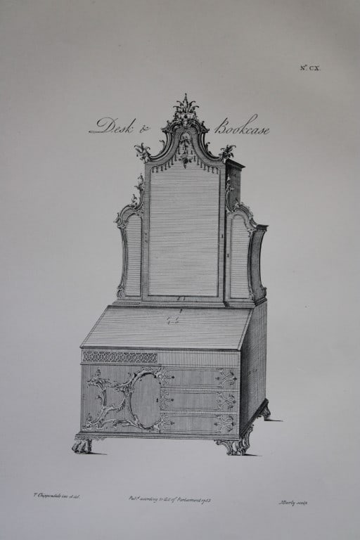 Thomas Chippendale - Original engraving of Desk & Bookcase 1762: This copperplate engraving is from the third edition of The Gentleman and Cabinet-Maker's Director: being a large collection of the most elegant and useful designs of household furniture, in the most