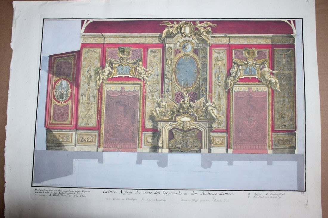 Paul Decker - Rare engraving Pl 22 Anteroom 1711: This beautiful hand coloured copperplate engraving is from F?rstlicher Baumeister, Oder Architectura Civilis (The Princely Architect or: Civil Architecture) by Paul Decker the Elder and engraved by Ca