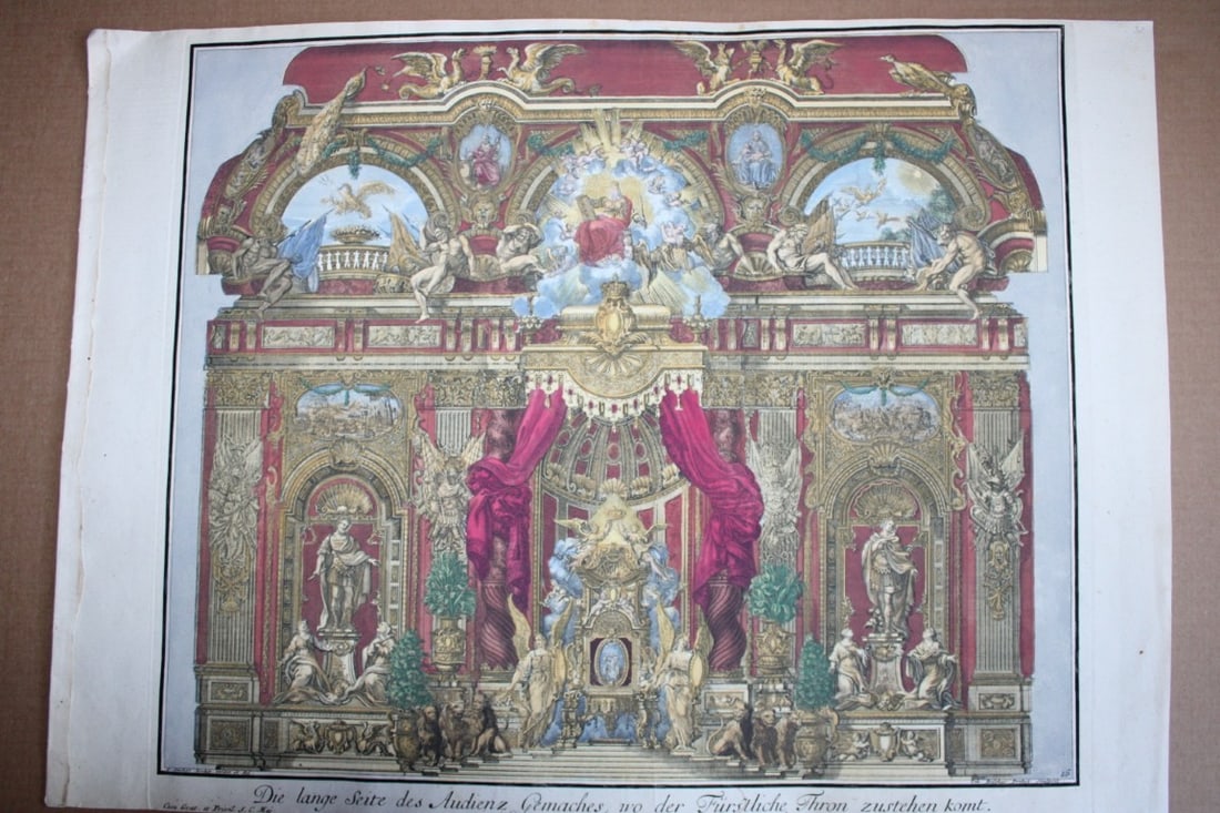 Paul Decker - Rare engraving Pl 26 Audience Chamber 1711: This beautiful hand coloured copperplate engraving is from F?rstlicher Baumeister, Oder Architectura Civilis (The Princely Architect or: Civil Architecture) by Paul Decker the Elder and engraved by Ca