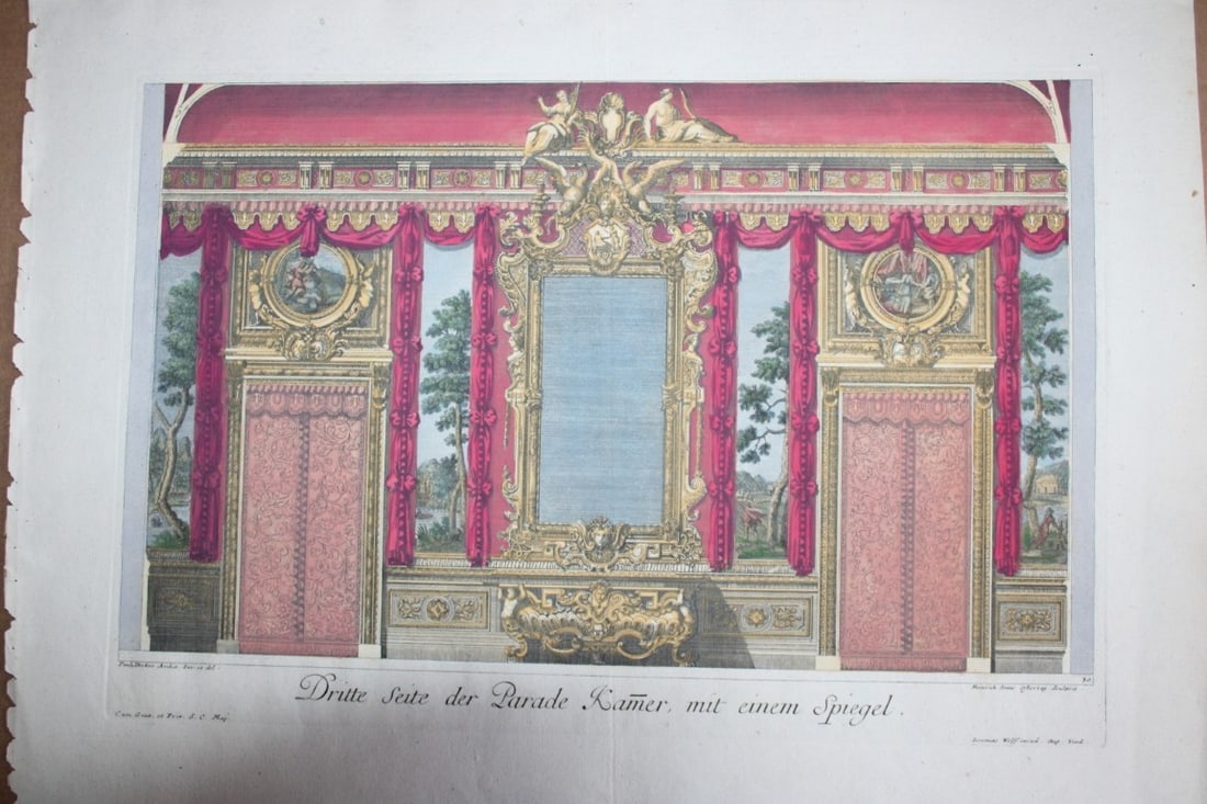 Paul Decker - Rare engraving Pl 30 Parade Chamber with mirror 1711: This beautiful hand coloured copperplate engraving is from F?rstlicher Baumeister, Oder Architectura Civilis (The Princely Architect or: Civil Architecture) by Paul Decker the Elder and engraved by Ca