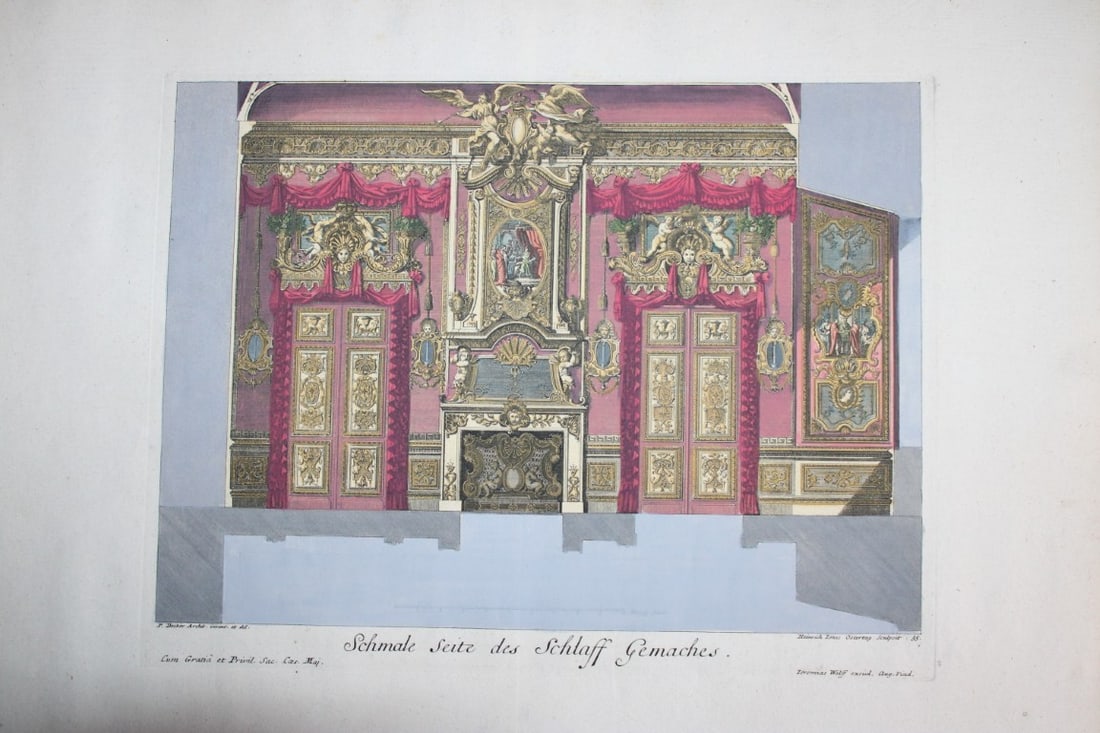 Paul Decker - Rare engraving Pl 35 Narrow side of bedroom 1711: This beautiful hand coloured copperplate engraving is from F?rstlicher Baumeister, Oder Architectura Civilis (The Princely Architect or: Civil Architecture) by Paul Decker the Elder and engraved by Ca