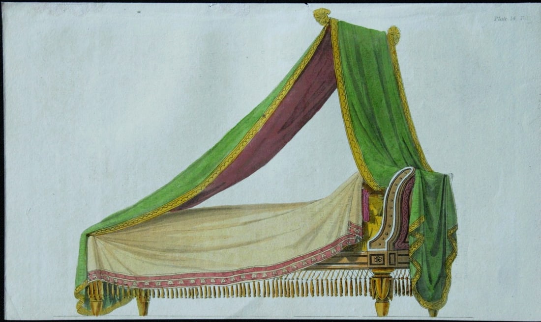 R Ackermann - Hand coloured engraving of a small bed 1816: This original hand coloured aquatint engraving is from Rudolf Ackermann's Repository of Arts, Literature, Fashions, Manufactures etc. Published 1 January 1816, London. Size: 5.4in x 9in (13.8cm x 22.5