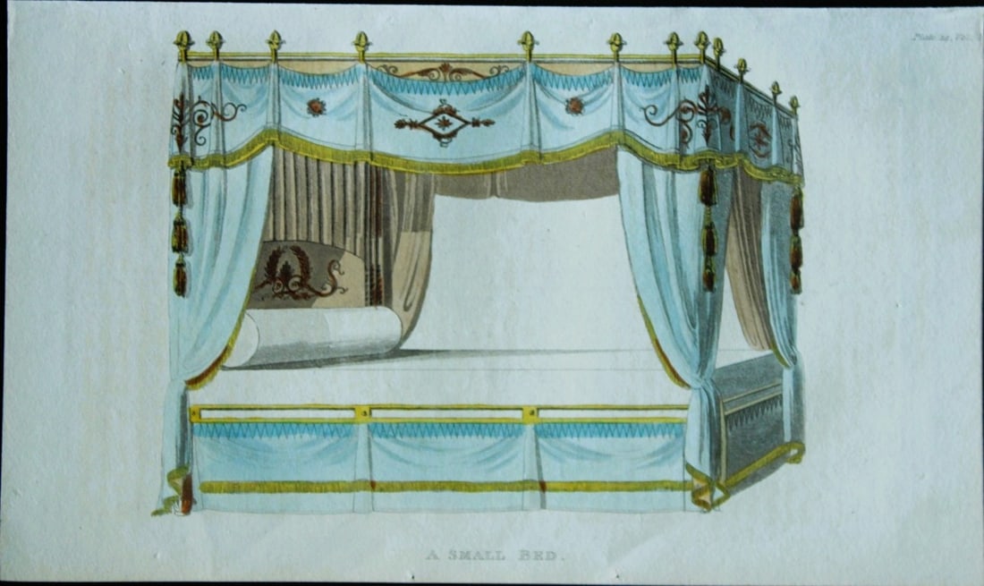 R Ackermann - Hand coloured engraving of a small bed 1816: This original hand coloured aquatint engraving is from Rudolf Ackermann's Repository of Arts, Literature, Fashions, Manufactures etc. Published 1 January 1816, London. Size: 5.4in x 9in (13.8cm x 22.5