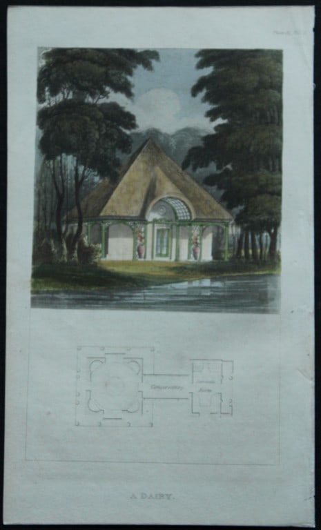 R Ackermann - Hand coloured engraving of a Dairy 1816: This original hand coloured aquatint engraving is from Rudolf Ackermann's Repository of Arts, Literature, Fashions, Manufactures etc. Published 1 January 1816, London. Size: 5.4in x 9in (13.8cm x 22.5