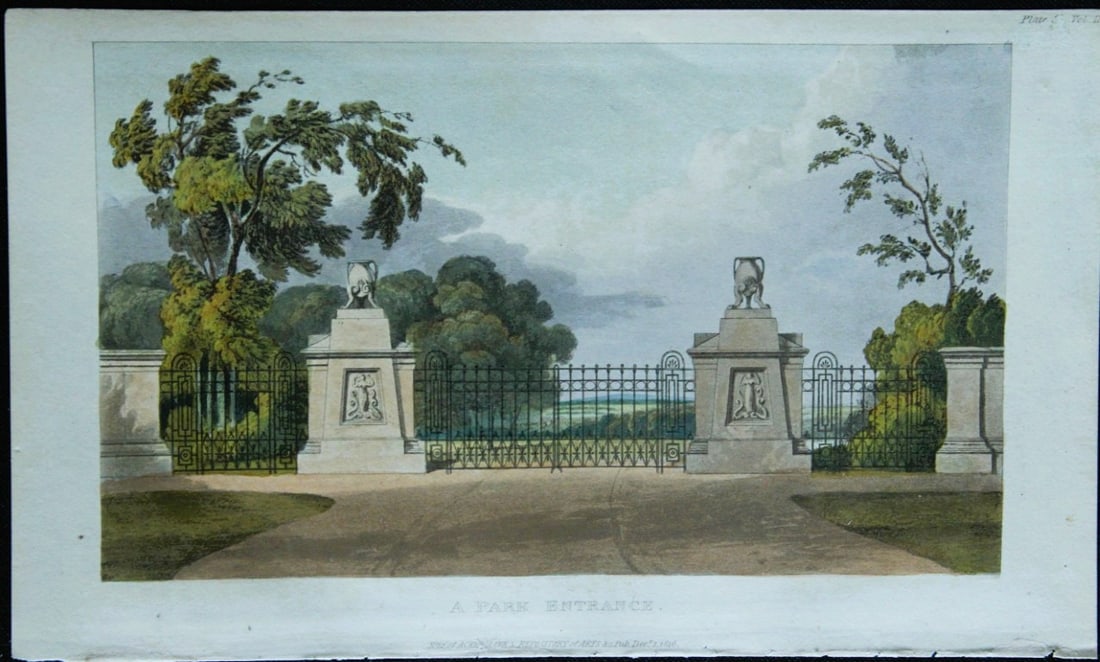 R Ackermann - Hand coloured engraving of Park Lodge and Entrance 1816: This original hand coloured aquatint engraving is from Rudolf Ackermann's Repository of Arts, Literature, Fashions, Manufactures etc. Published 1 January 1816, London. Size: 5.4in x 9in (13.8cm x 22.5