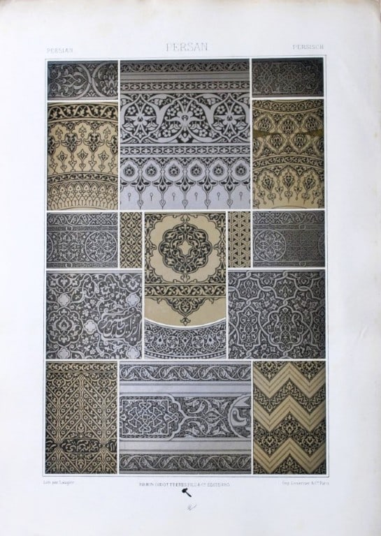 A Racinet - Lithograph of Persian designs 1873: This lithographic print of decorative designs is from L?Ornement Polychrome cent planches en couleurs?. by Auguste Racinet. Published by Firmin Didot et Cie and printed by Lemercier et Cie., Paris 187