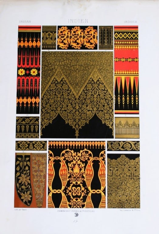 A Racinet - Lithograph of Indian designs 1873: This lithographic print of decorative designs is from L?Ornement Polychrome cent planches en couleurs?. by Auguste Racinet. Published by Firmin Didot et Cie and printed by Lemercier et Cie., Paris 187