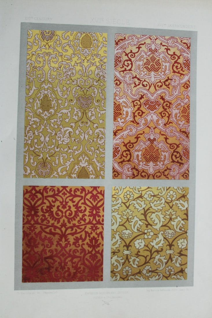 Dupont-Auberville - Chromolithograph of decorative art 1881.: This chromolithographic print of decorative art is from Sammlung von Decorationen - Stickereien und Stoffmustern - Aus der Bl?thezeit der Renaissance (Collection of Decorations - Embroidery and fabric