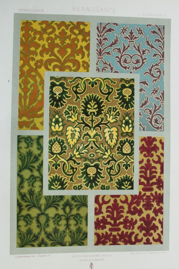Dupont-Auberville - Chromolithograph of decorative art 1881.: This chromolithographic print of decorative art is from Sammlung von Decorationen - Stickereien und Stoffmustern - Aus der Bl?thezeit der Renaissance (Collection of Decorations - Embroidery and fabric