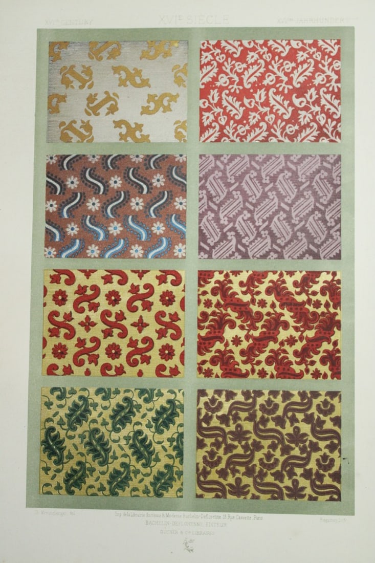 Dupont-Auberville - Chromolithograph of decorative art 1881.: This chromolithographic print of decorative art is from Sammlung von Decorationen - Stickereien und Stoffmustern - Aus der Bl?thezeit der Renaissance (Collection of Decorations - Embroidery and fabric