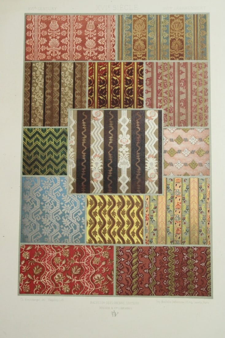 Dupont-Auberville - Chromolithograph of decorative art 1881.: This chromolithographic print of decorative art is from Sammlung von Decorationen - Stickereien und Stoffmustern - Aus der Bl?thezeit der Renaissance (Collection of Decorations - Embroidery and fabric