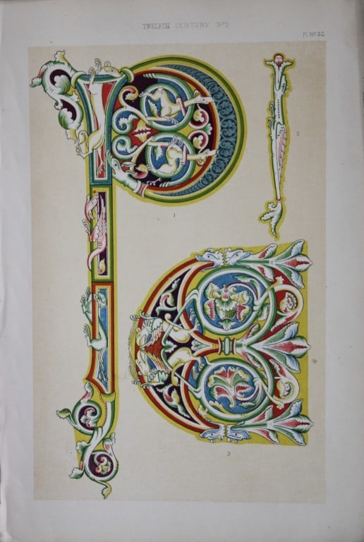 Tymms and Digby Wyatt - Chromolithographic print from the Art of Illuminating 1860: This beautiful chromolithographic print isfrom The Art of Illuminating as Practised in Europe from the Earliest Times by W R Tymms and M Digby Wyatt. Published by Day & Son, London 1860. 1st Edition.