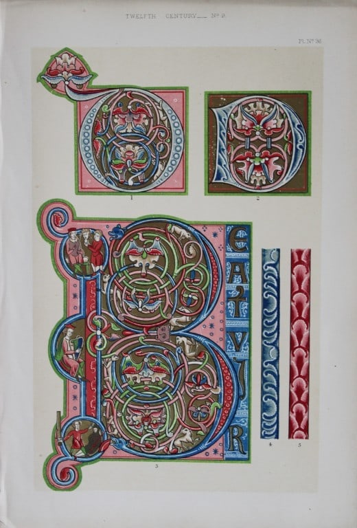 Tymms and Digby Wyatt - Chromolithographic print from the Art of Illuminating 1860: This beautiful chromolithographic print isfrom The Art of Illuminating as Practised in Europe from the Earliest Times by W R Tymms and M Digby Wyatt. Published by Day & Son, London 1860. 1st Edition.