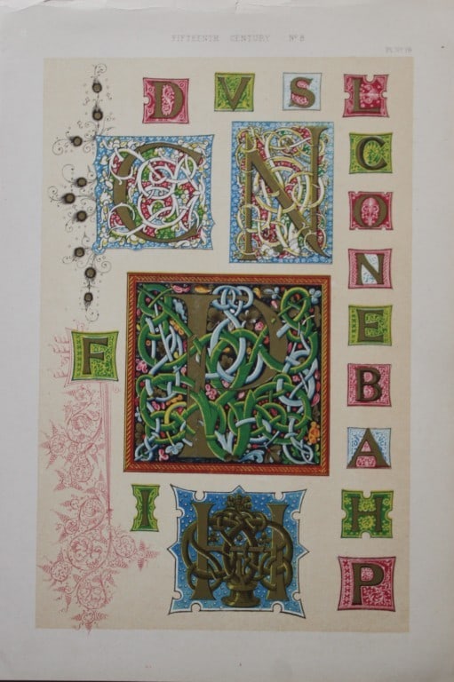 Tymms and Digby Wyatt - Chromolithographic print from the Art of Illuminating 1860: This beautiful chromolithographic print isfrom The Art of Illuminating as Practised in Europe from the Earliest Times by W R Tymms and M Digby Wyatt. Published by Day & Son, London 1860. 1st Edition.