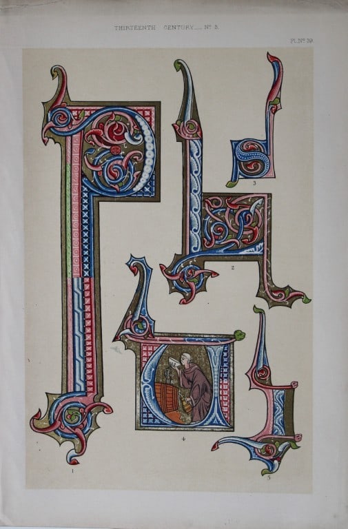 Tymms and Digby Wyatt - Chromolithographic print from the Art of Illuminating 1860: This beautiful chromolithographic print isfrom The Art of Illuminating as Practised in Europe from the Earliest Times by W R Tymms and M Digby Wyatt. Published by Day & Son, London 1860. 1st Edition.