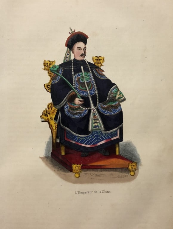 A Wahlen - Woodcut engraving of The Emperor of China 1843: This hand-coloured woodcut engraving is from the Asian volume of Moeurs, Usages et costumes de tous les peuples du monde, d'apr?s des documents authentiques et les voyages les plus r?cents by Auguste