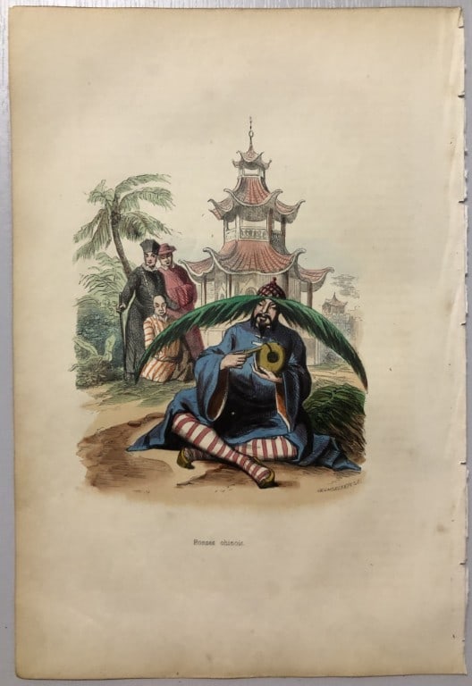 A Wahlen - Woodcut engraving of Chinese Monks 1843: This hand-coloured woodcut engraving is from the Asian volume of Moeurs, Usages et costumes de tous les peuples du monde, d'apr?s des documents authentiques et les voyages les plus r?cents by Auguste