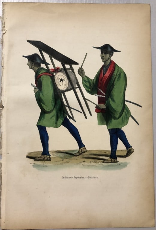A Wahlen - Woodcut engraving of Japanese infantry 1843: This hand-coloured woodcut engraving is from the Asian volume of Moeurs, Usages et costumes de tous les peuples du monde, d'apr?s des documents authentiques et les voyages les plus r?cents by Auguste