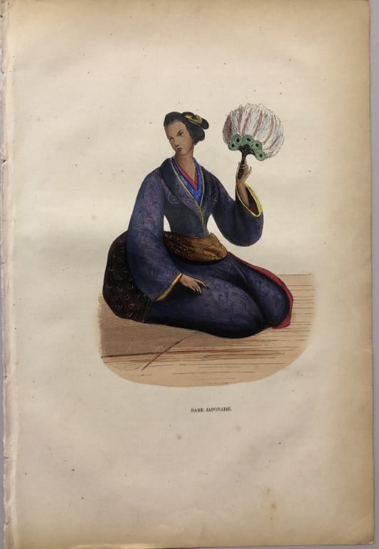 A Wahlen - Woodcut engraving of Japanese lady 1843: This hand-coloured woodcut engraving is from the Asian volume of Moeurs, Usages et costumes de tous les peuples du monde, d'apr?s des documents authentiques et les voyages les plus r?cents by Auguste