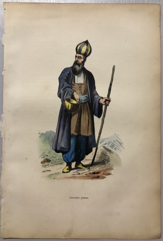 A Wahlen - Engraving of Persian dervish 1843: This hand-coloured woodcut engraving is from the Asian volume of Moeurs, Usages et costumes de tous les peuples du monde, d'apr?s des documents authentiques et les voyages les plus r?cents by Auguste