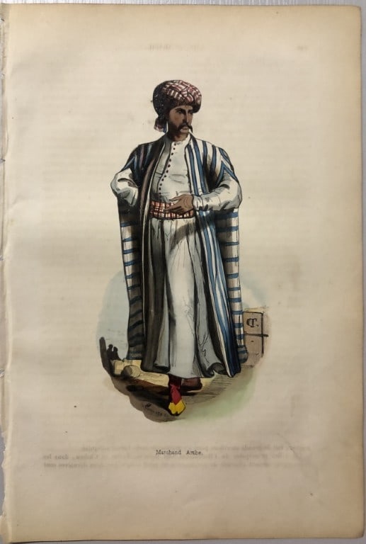 A Wahlen - Woodcut engraving of an Arab Merchant 1843: This hand-coloured woodcut engraving is from the Asian volume of Moeurs, Usages et costumes de tous les peuples du monde, d'apr?s des documents authentiques et les voyages les plus r?cents by Auguste