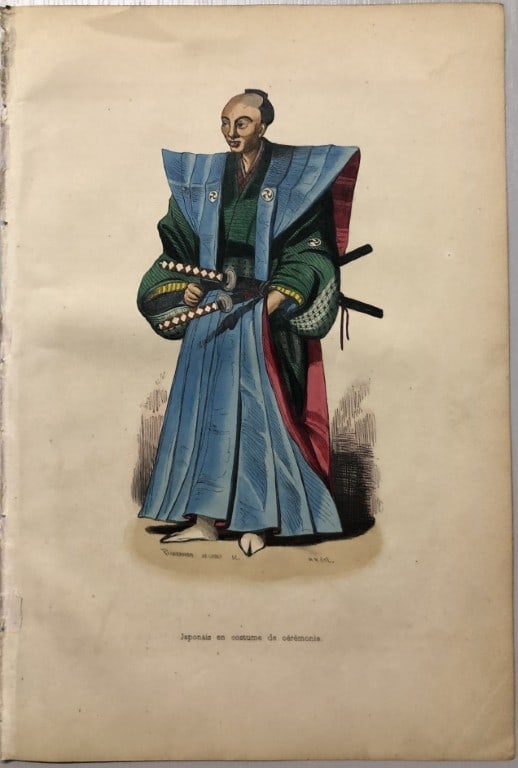 A Wahlen - Woodcut engraving of Japanese ceremonial costume 1843: This hand-coloured woodcut engraving is from the Asian volume of Moeurs, Usages et costumes de tous les peuples du monde, d'apr?s des documents authentiques et les voyages les plus r?cents by Auguste