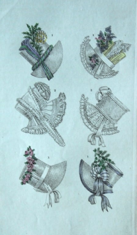 R Ackermann - Hand coloured engraving of Ladies Bonnets 1816: This original hand coloured aquatint engraving is from Rudolf Ackermann's Repository of Arts, Literature, Fashions, Manufactures etc. Published 1 January 1816, London. Size: 5.4in x 9in (13.8cm x 22.5