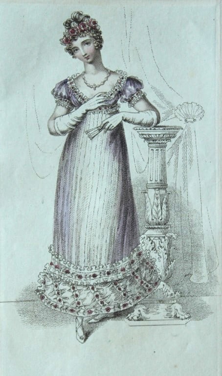 R Ackermann - Hand coloured engraving of a Ball Dress 1816: This original hand coloured aquatint engraving is from Rudolf Ackermann's Repository of Arts, Literature, Fashions, Manufactures etc. Published 1 January 1816, London. Size: 5.4in x 9in (13.8cm x 22.5