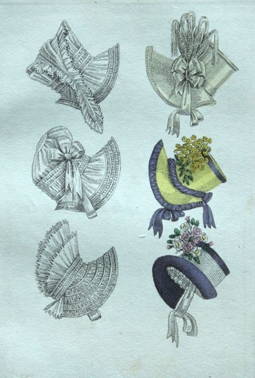 R Ackermann - Hand coloured engraving of Ladies Bonnets 1816: This original hand coloured aquatint engraving is from Rudolf Ackermann's Repository of Arts, Literature, Fashions, Manufactures etc. Published 1 January 1816, London. Size: 5.4in x 9in (13.8cm x 22.5