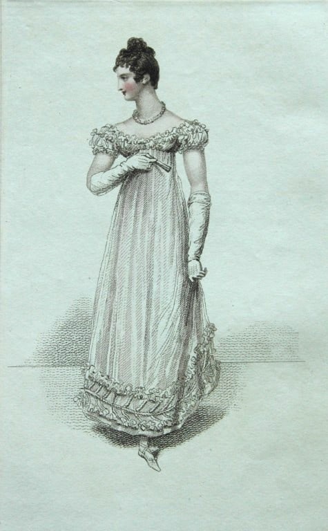 R Ackermann - Hand coloured engraving of a Ball Dress 1816: This original hand coloured aquatint engraving is from Rudolf Ackermann's Repository of Arts, Literature, Fashions, Manufactures etc. Published 1 January 1816, London. Size: 5.4in x 9in (13.8cm x 22.5
