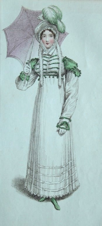 R Ackermann - Hand coloured engraving of a Walking Dress 1816: This original hand coloured aquatint engraving is from Rudolf Ackermann's Repository of Arts, Literature, Fashions, Manufactures etc. Published 1 January 1816, London. Size: 5.4in x 9in (13.8cm x 22.5