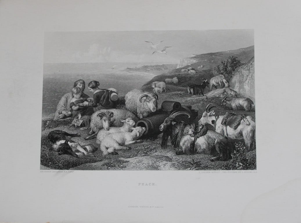 Sir Edwin Landseer - Engraving entitled Peace 1879: The antique print entitled Peace was drawn by Sir Edwin Landseer and engraved by J Cousens.Size: 10in x 8.5in (25.5cm x 21cm)