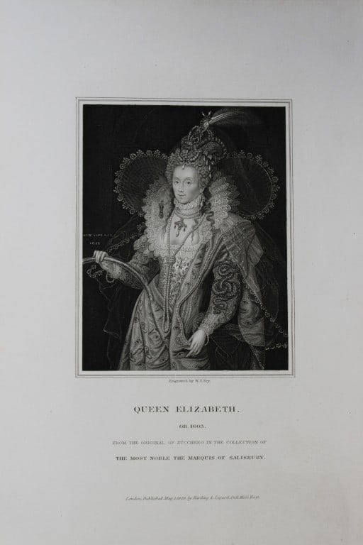 Edward Lodge - Queen Elizabeth I engraved by WT Fry 1835: This engraving is from Portraits and Memoirs of the Most Illustrious Personages of British History by Edmund Lodge. Published by Harding and Lepard, London 1835.Engraved from authentic pictures in the