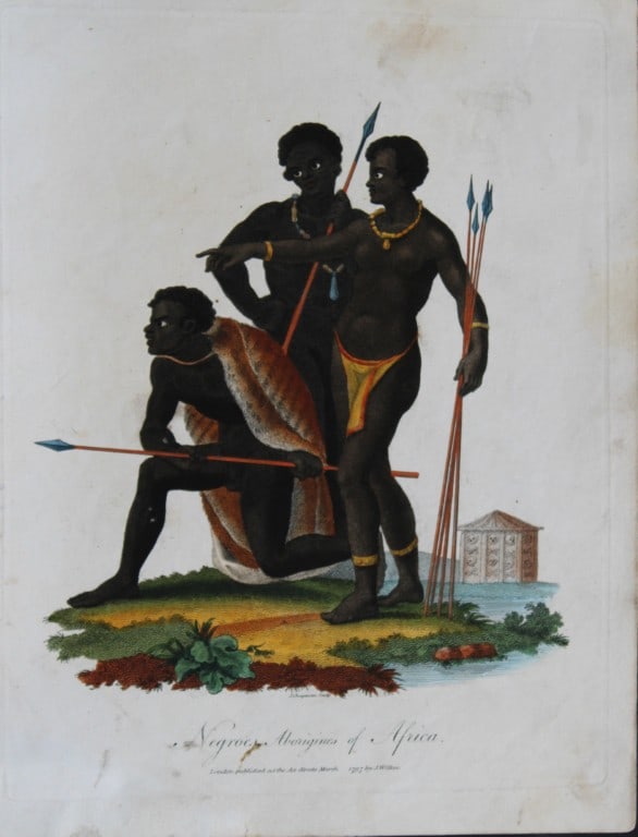 John Wilkes - African tribesmen engraved by J Chapman 1797: This rare engraving entitled Negroes Aborigines of Africa was engraved by J Chapman. Published by John Wilkes, London 1797.The hand coloured engraving illustrates a group of three hunters holding thei