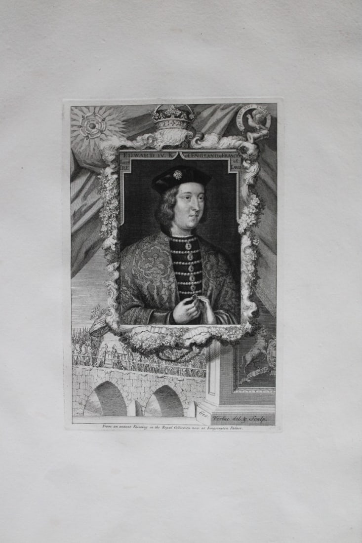 George Vertue - Rare folio engraving of Edward IV 1736: A rare original large format engraving by George Vertue from The Heads of the Kings of England proper for Mr. Rapin's History. Published by James, John, and Paul Knapton 1736. Originally issued in Rap
