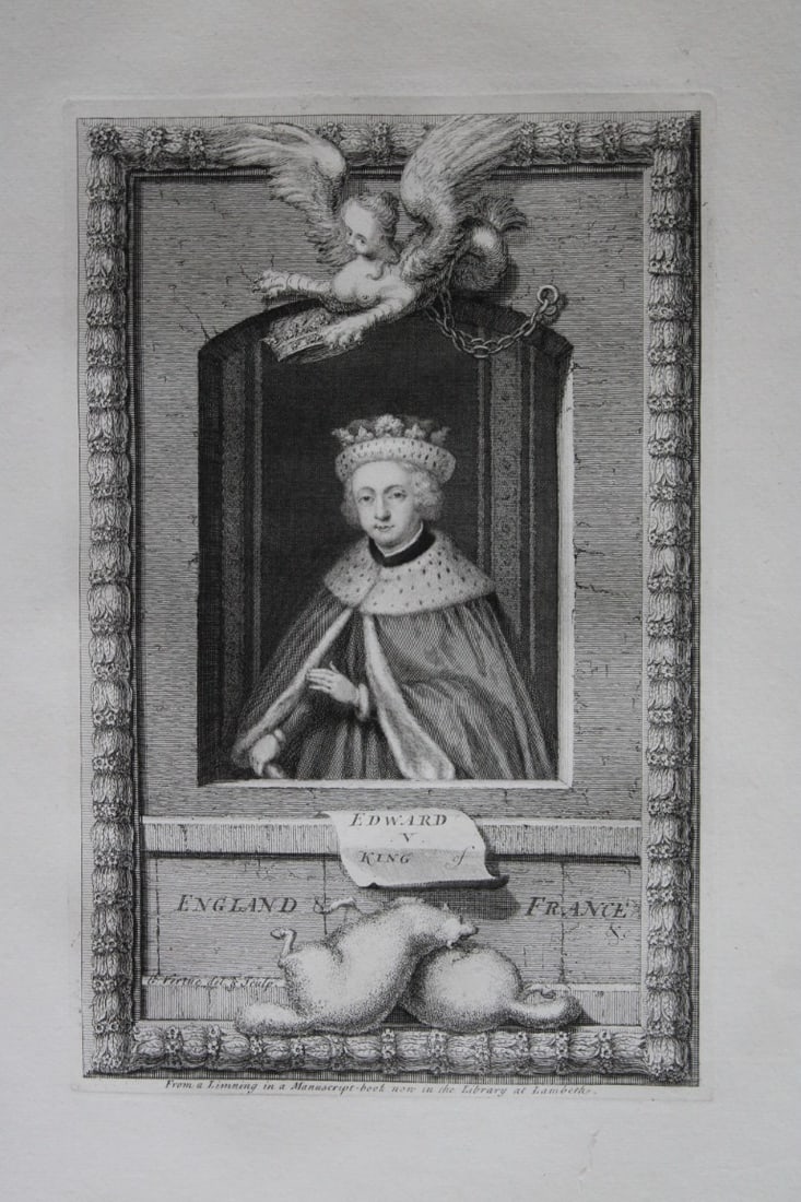 George Vertue - Rare folio engraving of Edward V 1736: A rare original large format engraving by George Vertue from The Heads of the Kings of England proper for Mr. Rapin's History. Published by James, John, and Paul Knapton 1736. Originally issued in Rap