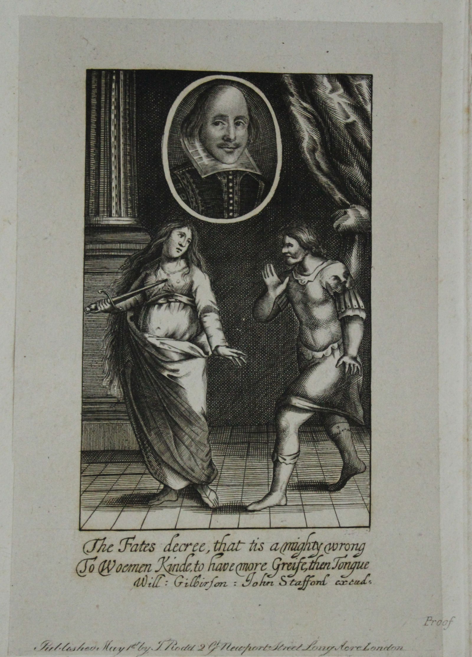 Rare proof engraving of Shakespeare by Richard Sawyer 1827: Proof line engraving by Richard Sawyer after William Faithorne of William Shakespeare with Lucretia and Collatinus, published 1827.Size: 12.5in x 10in (32cm x 25.6cm)