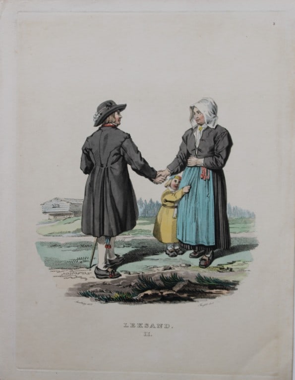Sandberg - 2 lithographs by Forssell of Leksand folk, Sweden 1836: These hand-coloured lithograhs of Swedish folk costumes are from Une Annee en Suede by CD Forssell and JG Sandberg. Published by LJ Hjerta, Stockholm 1836.The plates depict Swedish landscapes, buildin