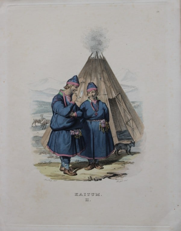 Sandberg - 2 lithographs by Forssell of Elfdal and Kaitum folk, Sweden 1836: These hand-coloured lithograhs of Swedish folk costumes are from Une Annee en Suede by CD Forssell and JG Sandberg. Published by LJ Hjerta, Stockholm 1836.The plates depict Swedish landscapes, buildin