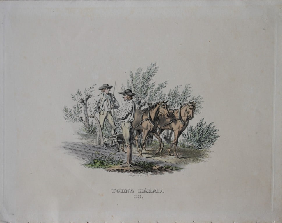 Sandberg - 2 lithographs by Forssell of Torna Harad folk, Sweden 1836: These hand-coloured lithograhs of Swedish folk costumes are from Une Annee en Suede by CD Forssell and JG Sandberg. Published by LJ Hjerta, Stockholm 1836.The plates depict Swedish landscapes, buildin