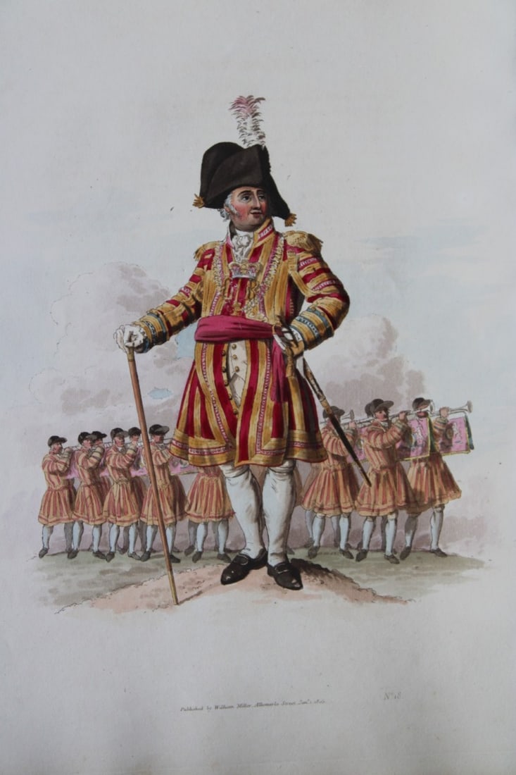 William H Pyne - Sergeant Trumpeter 1808: This aquatint engraving is from The Costumes of Great Britain designed, engraved and written by William Henry Pyne, published in 1808 by William Miller, London. Size: Approx 14in x 10.25in (36cm x 26c