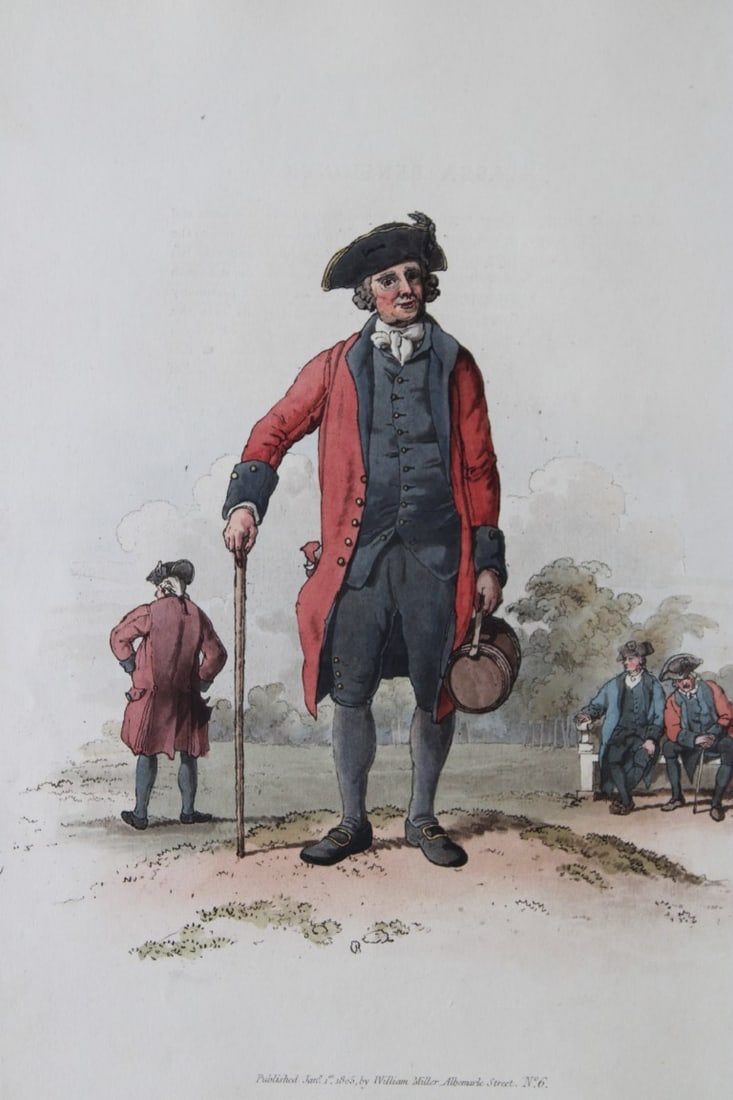 William H Pyne - Chelsea Pensioner 1808: This aquatint engraving is from The Costumes of Great Britain designed, engraved and written by William Henry Pyne, published in 1808 by William Miller, London. Size: Approx 14in x 10.25in (36cm x 26c