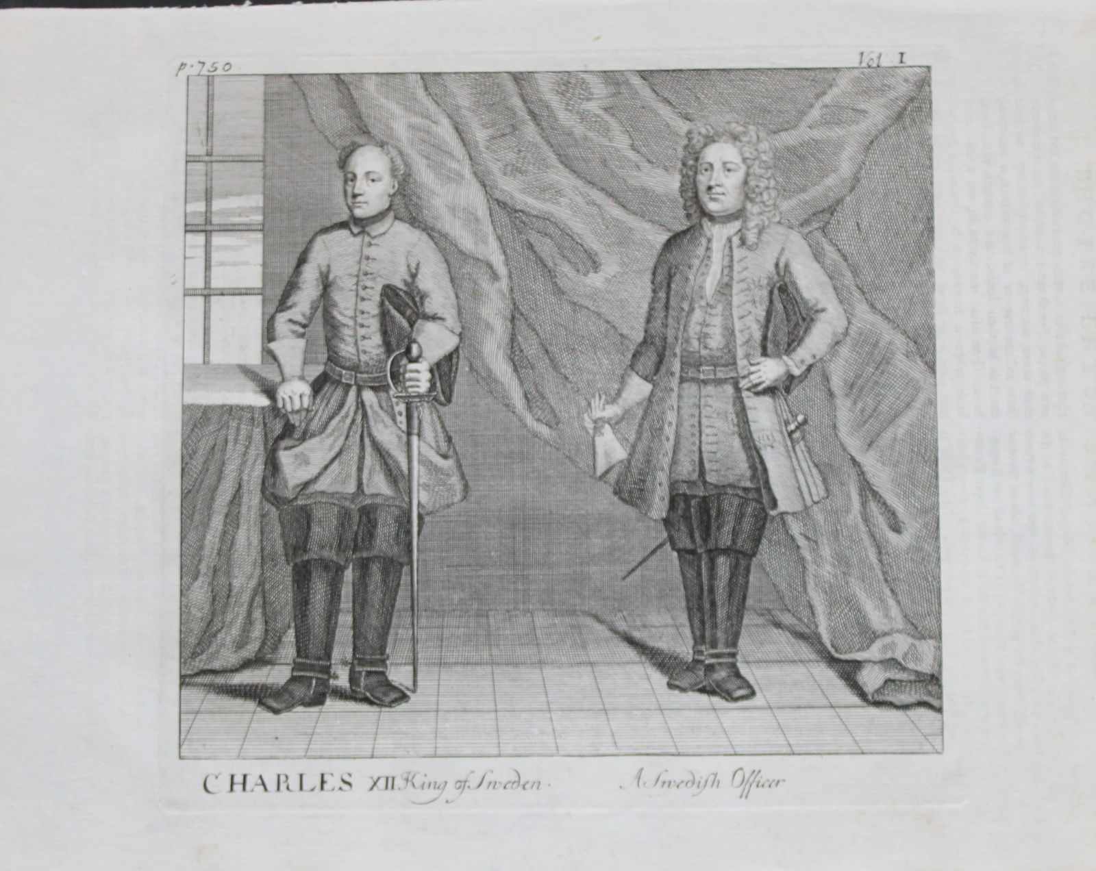 Charles XII, King of Sweden and Baron Gortz 18th century engraving: Engraving by Hulett of Charles XII, King of Sweden and his adviser Baron George Heinrich von Gortz, 18th century.Size: 14.75in x 9in (37cm x 23cm)