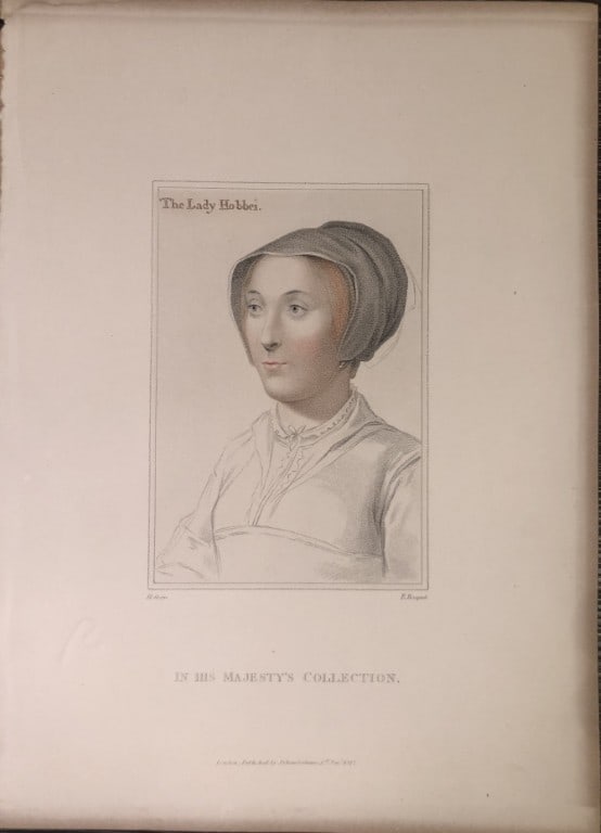Portrait of Lady Hobby by Hans Holbein 1828: This stipple engraving is from Portraits of Illustrious Personages of the Court of Henry VIII: Engraved in Imitation of the Original Drawings of Hans Holbein, in the Collection of His Majesty. With a