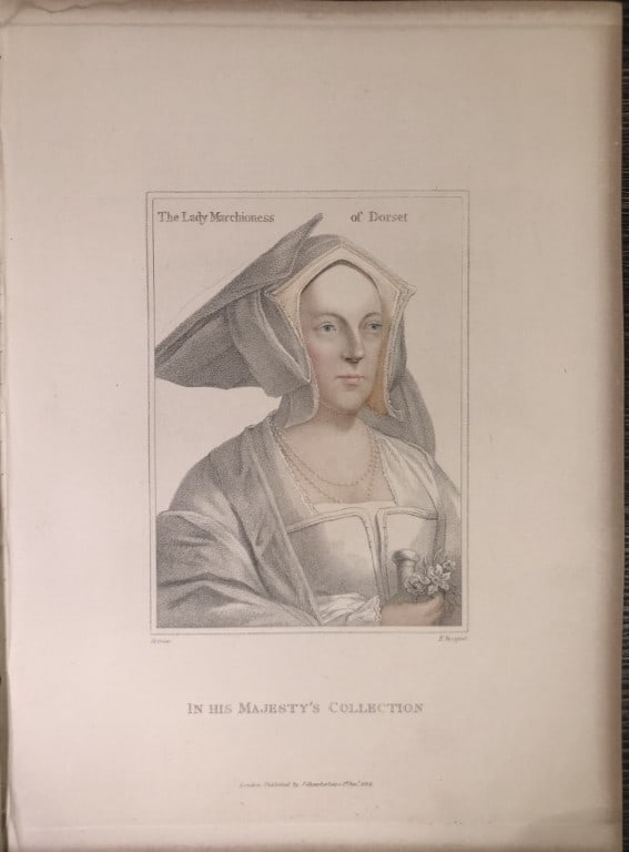 Portrait of Marchioness of Dorset by Hans Holbein 1828: This stipple engraving is from Portraits of Illustrious Personages of the Court of Henry VIII: Engraved in Imitation of the Original Drawings of Hans Holbein, in the Collection of His Majesty. With a