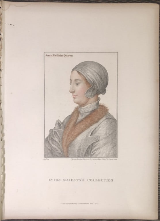 Portrait of Queen Anne Boleyn by Hans Holbein 1828: This stipple engraving is from Portraits of Illustrious Personages of the Court of Henry VIII: Engraved in Imitation of the Original Drawings of Hans Holbein, in the Collection of His Majesty. With a