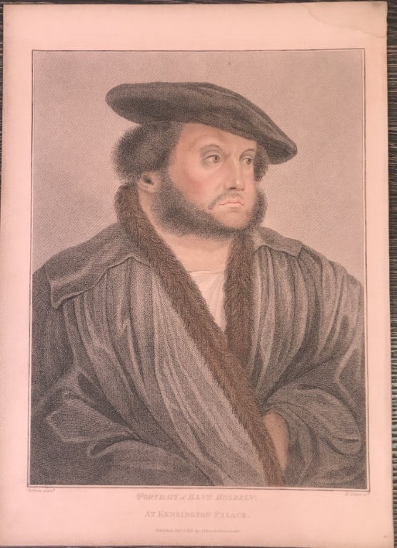 Self portrait of Hans Holbein 1828: This stipple engraving is from Portraits of Illustrious Personages of the Court of Henry VIII: Engraved in Imitation of the Original Drawings of Hans Holbein, in the Collection of His Majesty. With a